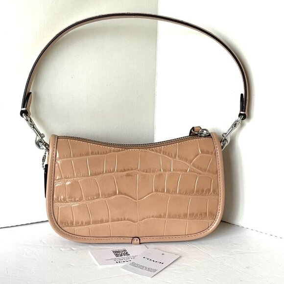 Coach Swinger Bag 20 Croc Embossed Leather Buff Shoulder Bag 80s CP024 Beige - Picture 3 of 10